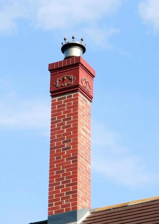 Restored red brick chimney with a new crown against a clear sky