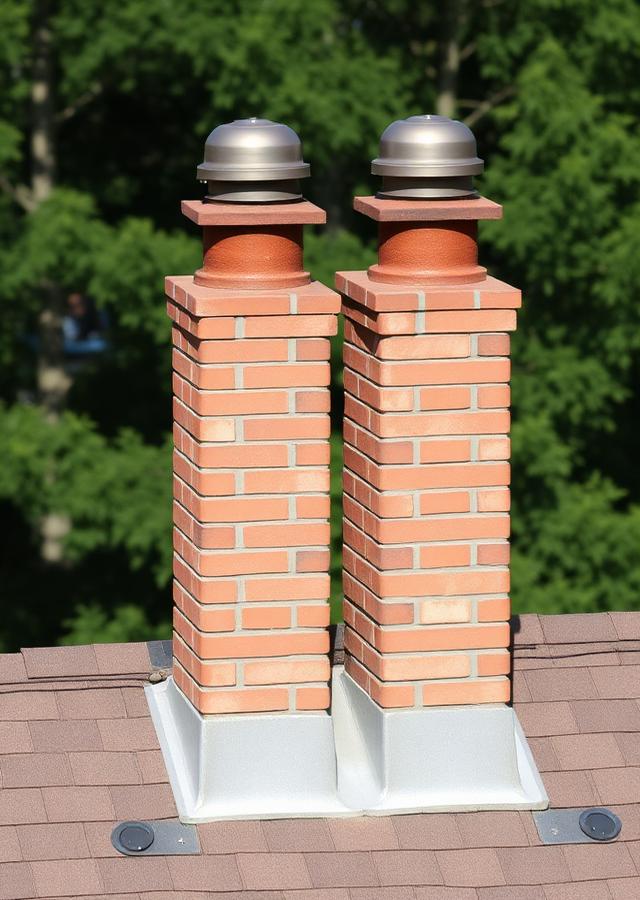 Double flue brick chimney with new stainless steel caps