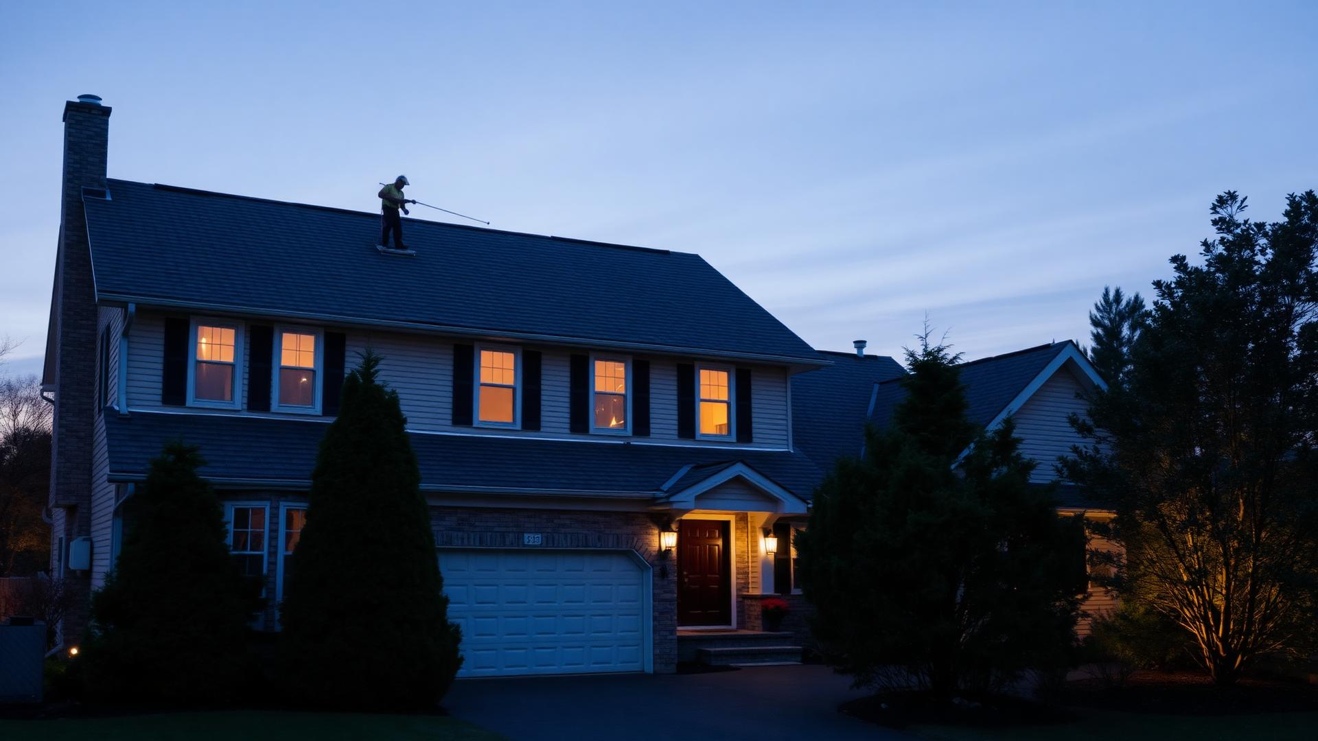 New Jersey home exterior with a newly installed asphalt shingle roof at dusk